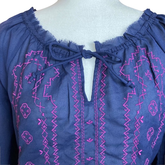American Eagle long sleeve navy sheer blouse top with purple embroidery-Sz S - Picture 4 of 13